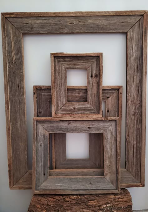 These rustic picture frames will be a great addition to your home. They are handcrafted from reclaimed and recycled barn wood. The frames do not come with glass or hanger they are as pictured. The frames in the pictures are ready to be shipped. If you need a certain size created please send us a message and we will do our best to create the perfect frame. *Due to the rustic nature of the wood, there will be random nail holes and knots. Homemade Picture Frames, Pallet Picture Frames, Wooden Creations, Barn Wood Picture Frames, Frames Diy, Rustic Picture Frames, Rustic Pictures, Framing Ideas, Barn Wood Projects