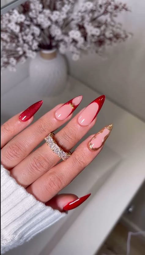 Cherry Red Nails With Gold Accents, Red Ethereal Nails, Red And Gold Nails Simple, Crazy Red Nails, Red Design Nails Acrylic, Long Almond Christmas Nails, Red Almond French Nails, Spanish Nails Designs, Red Festive Nails