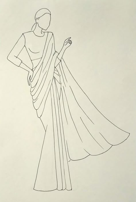 Saree Outline Sketch, Sari Illustration Sketch, Sari Illustration Indian, Saree Croquis, Dress Designs Drawing Simple, Saree Sketches Fashion Illustration, Sari Sketch, Saree Drawing Sketches, Saree Illustration Sketch