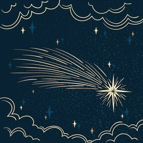 Star Gazing Illustration, Christmas Star Aesthetic, Christmas Star Drawing, Sweet Dreams Illustration, Star Illustration Design, Shooting Star Illustration, Midnight Illustration, Shooting Star Drawing, January Aesthetic