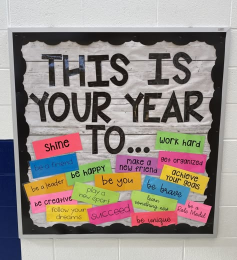 Bulletin Board For School Hallways, Cute School Board Ideas, Counseling Board Ideas, Yearly Bulletin Board Ideas, Bulletin Boards To Keep Up All Year, I Can Bulletin Board Ideas, Welcome To 6th Grade Bulletin Boards, New Year Board Decoration Ideas, Elementary School Hallway Bulletin Board