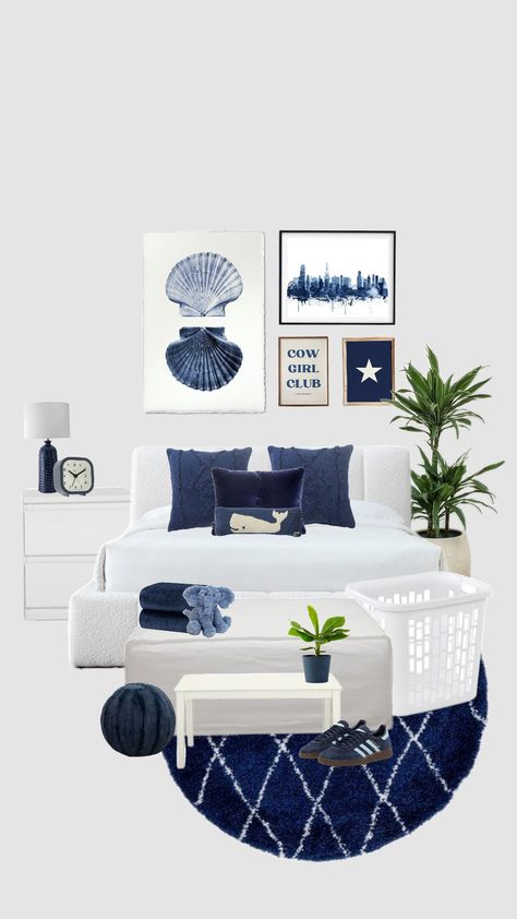 Navy blue room 🐋 #roominspo #navyblue #adidasspezial #beach #rooms White Navy Blue Bedroom, White Bedroom Navy Accents, Navy Room Decor Aesthetic, Navy Gold White Bedroom, Dark Blue Aesthetic Room Decor, Navy Room Inspiration, Navy White Bedroom Ideas, Navy Blue Cream Bedroom, Beige And Navy Blue Living Room