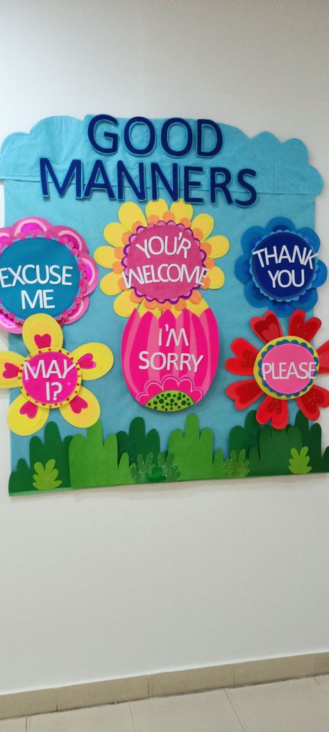 Ecd Classroom Decorations, Soft Board Ideas For Kindergarten, Class Wall Decoration Ideas Preschool, Soft Board Decoration Ideas For Preschool, Magical Words Chart, Nursery Class Board Decoration Ideas, Rakhi Chart For School, Good Manners Chart For Classroom, Ideas For Board Decoration