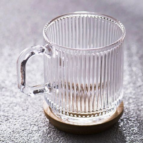 Sturdy Glass Mug With Ribbed Vertical Stripe Pattern and Cute Lid - 1 Coffee Shop Mugs, Ribbed Glasses, Cafe Mugs, Clear Mugs, Clear Glass Coffee Mugs, Changing Basket, Beautiful Mugs, Palm Leaf Plates, Nick Nacks