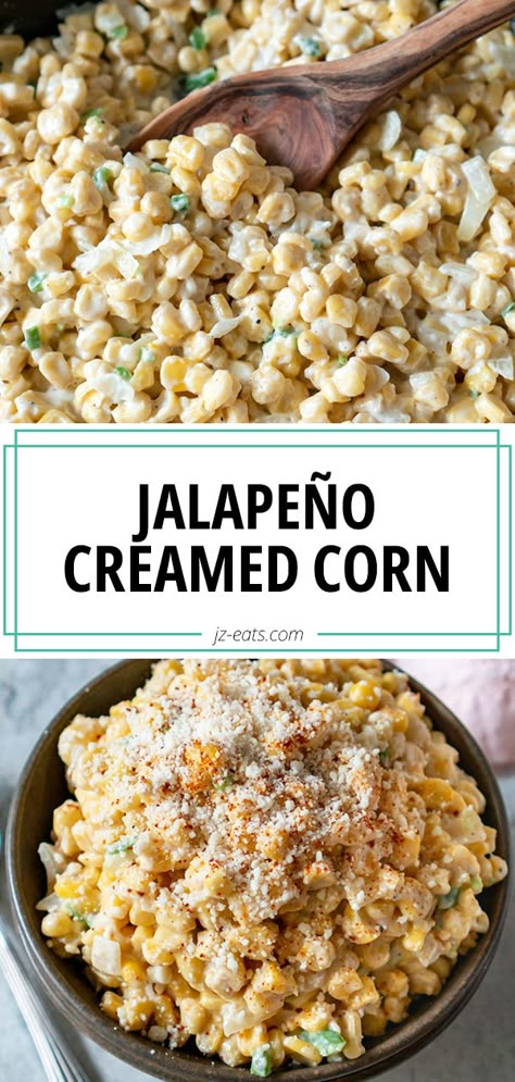 creamed corn in a skillet with a wooden spoon Jalapeno Cheesy Corn, Jalepeno Cheesy Corn, Jalapeño Corn Coleslaw, Rice Side Dishes For Bbq, Jalapeno Cream Cheese Corn, Creamy Jalapeño Corn, Jalapeno Sweet Corn, Jalapeno Corn Recipes, Cream Cheese Jalapeño Corn