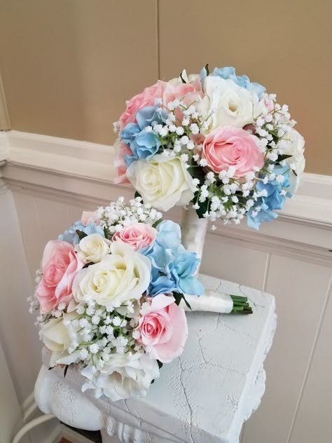 Light Blue And Pink Wedding Bouquet, Flowers To Go With Light Blue Dress, Light Pink And Blue Flower Bouquet, Bride Bouquets Blue And Pink, Pink And Blue Themed Wedding, Carolina Blue And Pink Wedding, Blue Hydrangea Pink Peony Bouquet, Blue And Rose Wedding, Wedding Ideas Pink And Blue