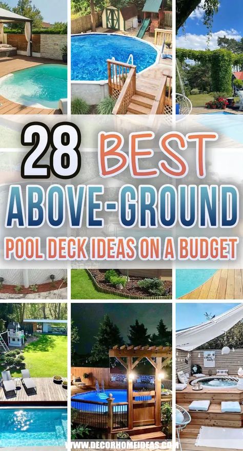 Best Above Ground Pool Deck Ideas on a Budget. Are you looking for some cheap and inexpensive options to build a deck for your above ground pool? Choose budget-friendly materials and designs for your next pool project. #decorhomeideas Swimming Pool Ideas Above Ground, Back Deck With Above Ground Pool, Pool Deck For Above Ground Pool, Above Ground Pool Deck Ideas On A Budget Diy, Above Ground Pool Deck Designs, Pools With Decks Above Ground, Above The Ground Pool Decks, Patio Above Ground Pool Ideas Backyards, Deck From House To Above Ground Pool