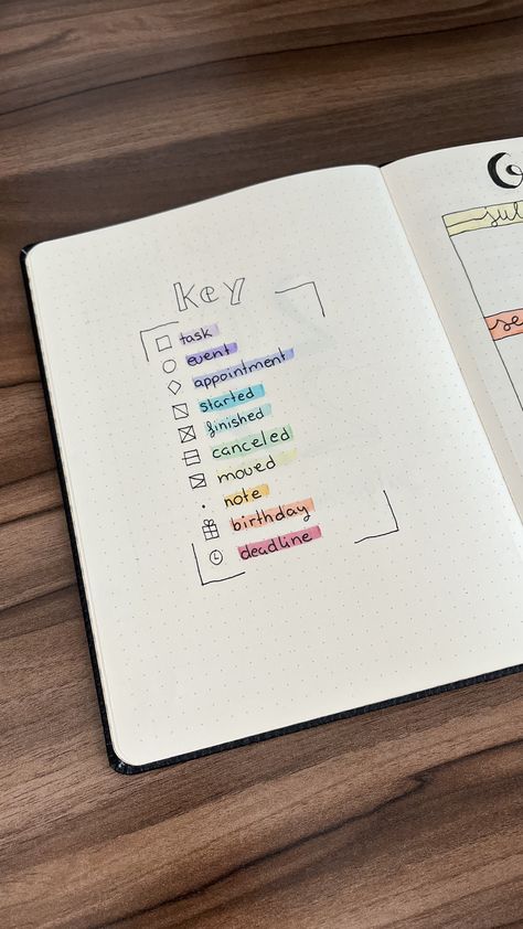 Color Key For Notes, Bujo Pages Ideas Aesthetic, Key Page Bullet Journal, Basic Journal Ideas, Bujo Yearly Setup, Bullet Journal Yearly Pages, Bujo Key Page, Page Ideas For Journal, Bullet Journal Key Symbols