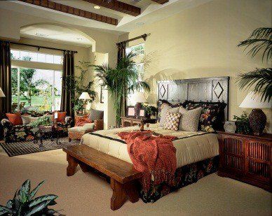 Nice room layout - love the seating at the foot of the bed. Modern Tropical Bedroom, British Colonial Bedroom, Colonial Style Bedroom, Grey Carpet Hallway, Colonial Bedroom, Stylish Master Bedrooms, Tropical Bedroom Decor, Foyer Furniture, Tropical Bedrooms