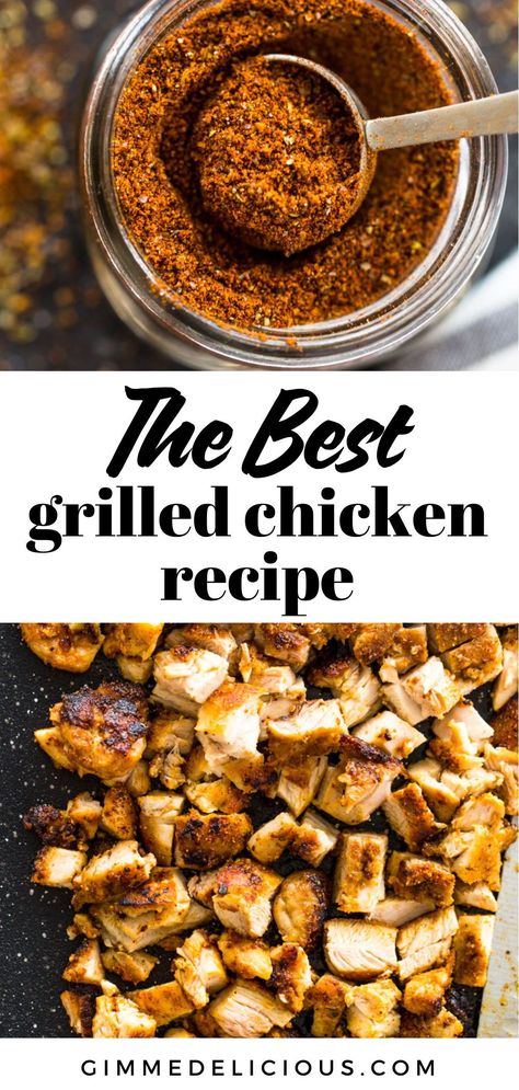 Charred and Tender grilled chicken spiced with a special blend of homemade taco seasoning can be grilled or cooked on the stove-top. It’s delicious in tacos, burritos, on salads, or for meal-prep! Save this simple and healthy recipe from gimmedelicious.com Seasoned Grilled Chicken Recipes, Fajitas Chicken Seasoning, Seasonings For Grilled Chicken, Spices For Grilled Chicken, Grilled Chicken Spices, Chicken Seasoning Recipes Grilled, Best Seasoning For Grilled Chicken, Grilled Chicken On Stovetop, Grilled Chicken On The Stove