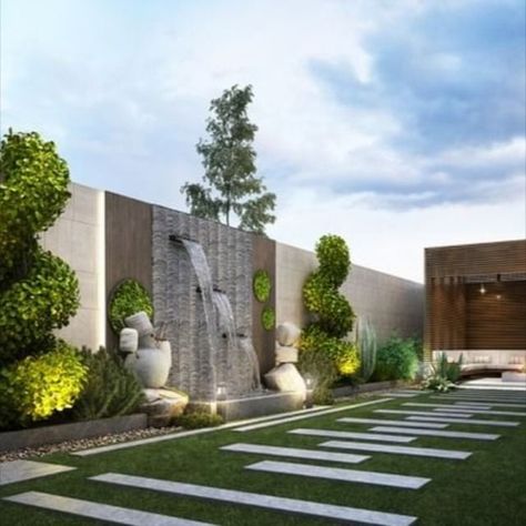 Modern Front Yard Landscaping- Modern Luxury Front Yard, Luxury Landscape Design Front Yards, Luxury Landscaping Front Yard, Frontyard Landscape Modern, Luxury Front Yard, Frontyard Landscape Layout, Frontyard Landscape, Beautiful Houses Exterior, Dream Garden Backyards