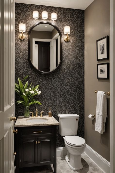 Bathroom And Wallpaper, Guest Bathroom With Wallpaper Ideas, Guest Bathroom Decor Wallpaper, Wallpaper In Restrooms, Small Half Bathroom Accent Wall, Bathroom Wallpapers Small Spaces, Bathroom One Wall Wallpaper, Powder Bathroom Pedestal Sink, Guest Bathroom Ideas With Wallpaper