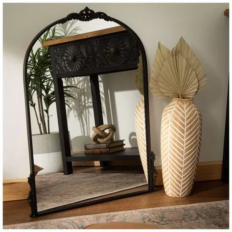 Bordeaux Arch Metal Wall Mirror | Hobby Lobby | 2087468 Decorate Black Console Table, Black Console Table With Mirror, Entrance Wall Mirror Ideas, Black Arched Mirror Over Console Table, Mirrors For Entryway, Leaning Mirror Entryway Table, Arched Mirrors Living Room, Console Table With Arched Mirror, Black Mirrors In Living Room