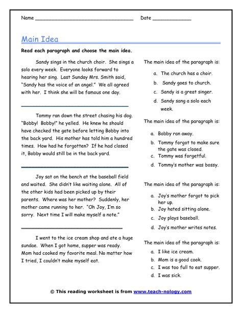 Click to Print! Main Idea Lessons, Main Idea Activities, Main Idea Worksheet, 5th Grade Worksheets, Reading Comprehension Lessons, Third Grade Reading, 2nd Grade Worksheets, 4th Grade Reading, 3rd Grade Reading