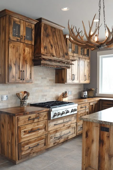 19 Rustic Kitchen Cabinets To Add Natural Beauty To Your Home - Courtneys World Burned Kitchen Cabinets, Rustic Wood Cabinet, Rustic Farm Kitchen Cabinets, Over The Stove Cabinet Ideas, Log Cabin Kitchen Island, Knotty Pine Kitchen Ideas, Kitchen Remodel Rustic Modern, Wood Burned Cabinets, Burnt Wood Cabinets Kitchens