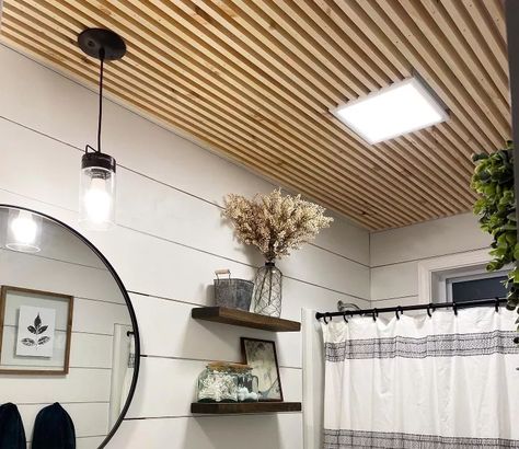 15 Showstopping Ideas That'll Make Guests Gather in Your Bathroom | Hometalk Slat Bathroom, Bathroom Ceilings, Slat Ceiling, Wood Slat Ceiling, Accent Ceiling, Full Bathroom Remodel, Basement Ceiling, Ceiling Treatments, Bathroom Ceiling