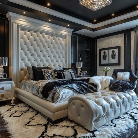 9+ Stylish White and Black Bedroom Ideas with Leather • 333k+ Inspiring Lifestyle Ideas Black White Leather Bedroom, Black Royal Bedroom, Modern Luxury Bedroom Black And White, Royal Bedroom Black, White And Black Bedroom Ideas, Royal Luxury Bedroom Furniture, Black Headboard Bedroom Ideas, White And Black Bedroom, Lux Bedroom