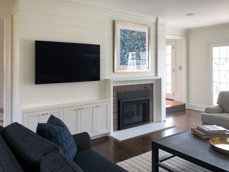 Tv On Left Side Of Fireplace, Hidden Tv Next To Fireplace, Fireplace Narrow Living Room, Off Centered Tv Living Room, Fireplace Next To Tv Built In, Tv On Side Of Fireplace Ideas, Tv Separate Wall From Fireplace, Tv Above Fireplace Small Living Room, Offcenter Fireplace And Tv Ideas