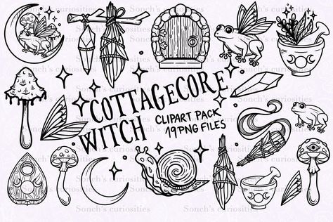 Cottagecore witch lineart - PNG pack Cottage Core Aesthetic Tattoo, Cottage Witch Tattoo, Goth Cottage Core Tattoo, Spooky Cottagecore Tattoo, Small Cottagecore Tattoo, Cottagecore Line Art, Cottagecore Tattoo Sleeve, Esoteric Doodles, Cottage Core Doodles