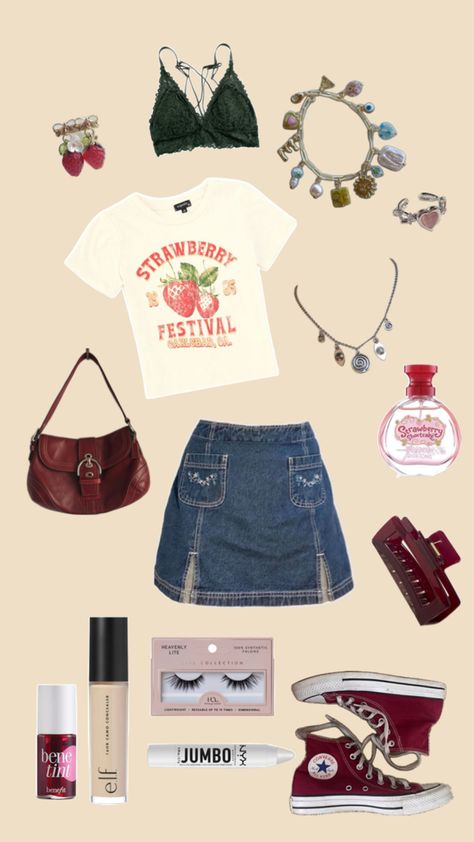 Strawberry Summer Outfit Strawberry Skirt, Strawberry Outfit, Summer Outfit Ideas, Jean Skirt, Clothes Ideas, What I Want, Summer Outfit, Fashion Fashion, Fashion Ideas