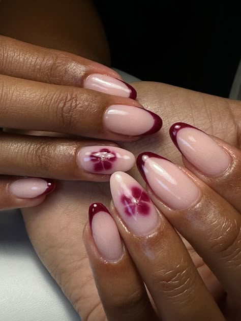 #biab #nails #nailsinspire #bordeaux  #naturalnails #blooming #nailart Simple Nail Design With Gems, Burgundy Nails With Butterflies, Wine And Pink Nails, Small Simple Nail Designs, Dark Red Blooming Gel Nails, Nail Inspiration Blooming Gel, Burgundy Nails With Flowers, Bloom Flower Nails, Nails Design Blooming Gel