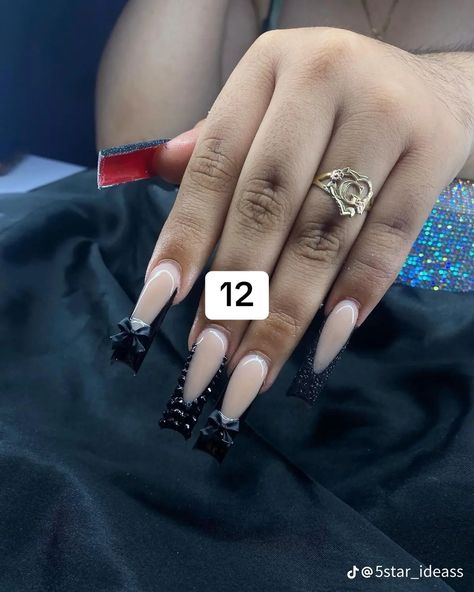 Black Exotic Nails, Acrylic Nails Dramatic, Black Inspo Nails, Red Bottom Nails Acrylic, Black Nails Black Women, Good Nail Ideas, Nails French Ideas, Black Nails Prom, Red Bottoms Nails