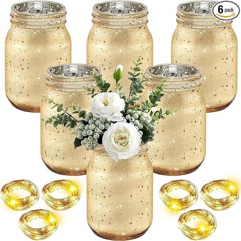 Amazon.com: Layhit 6 Pcs Painted Mason Jars Colored Painted Mason Jars Decorative Mason Jars Centerpiece for Table Glass Decorative Jar with 6 Pcs 9.84 ft 30 LED Battery Operated Fairy Lights for Wedding (Gold) : Home & Kitchen Fairy Lights For Wedding, Decorative Mason Jars, Homemade Shower Cleaner, Lights For Wedding, String Lights Inside, Centerpiece For Table, Table Centerpieces For Home, Lighted Centerpieces, Gold Wedding Favors