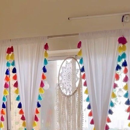 Tassel Curtains Diy, Tassels On Curtains, Handmade Curtains Ideas, Curtains Decoration Ideas, Curtain Decoration Ideas, Colourful Curtains, Diy Toran, Boho Curtains Living Room, Curtains With Tassels