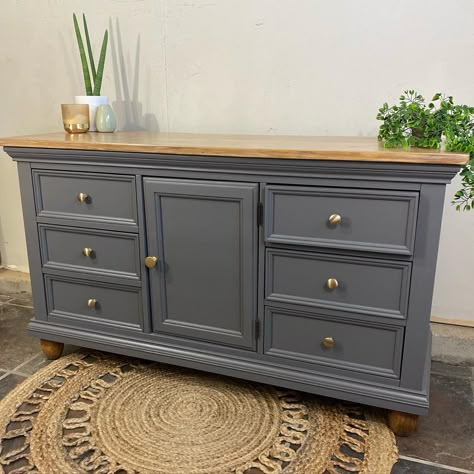 Gray Farmhouse Dresser, 2 Tone Dressers, Upcycle Dark Wood Furniture, Painted Dresser Wood Top, Painted Dresser With Wood Top, Grey Dresser Makeover, Crockery Console, Refurnished Dresser, Rustic Dresser Makeover