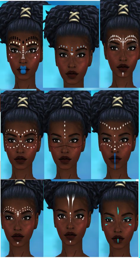 Nubian mask (adult to toddlers) | glorianasims4 on Patreon Face Paint Photoshoot Ideas, Wakanda Forever Party Ideas, Warrior Goddess Makeup, African Face Paint Goddesses, African Goddess Makeup, Native American Makeup Women, Goddess Face Paint, African Goddess Photoshoot, Sims 4 Face Paint