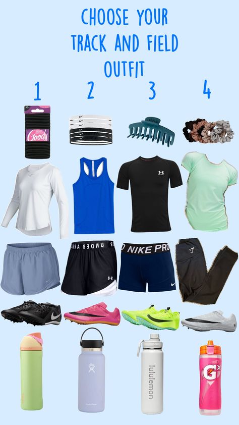 Choose your track and field outfit! #track#field#trackfit#trackandfieldoutfit#waterbottle#trackspikes#nike#underarmour#lululemon#gymshark#gatorade#hydroflask#owala Track Day Outfit, Track Workout Outfits, Track And Field Bag Essentials, Track Outfits Practice, Track And Field Outfits, Cross Country Running Training, Track Things, Field Outfit, Track Motivation