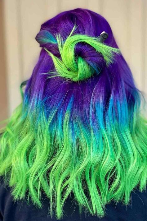 Vibrant And Pastel Mermaid Hair Color Ideas ★ Bright Mermaid Ombre Hair Purple And Blue Hair, Purple And Green Hair, Mermaid Hair Color, Rave Hair, Vivid Hair Color, Cute Hair Colors, Creative Hair Color, Bright Hair Colors, Beautiful Hair Color