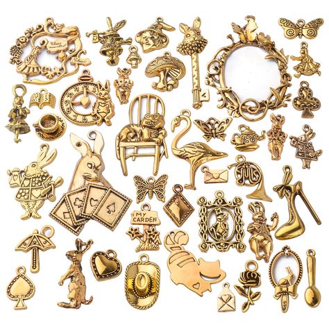 PRICES MAY VARY. Package includes: There are 40pcs antique gold alice charms in the package, enough quantity and different styles will provide you with more matching choices for various outfits needs in daily life Reliable material: Made of alloy material, look glossy and shiny, durable and sturdy, friendly to skin, not easy to break, hard to rust or corrode, also not easy to out of date, can be applied for long time Suitable sizes: As the picture shows, the sizes are about 5mm-45mm. Charms in a Steampunk Skeleton, Alice Wonderland, Skeleton Keys, Alice In Wonderland Theme, Key Pendant Necklace, Necklace Charms, Diy Earring, Pendants Necklace, Disney Jewelry