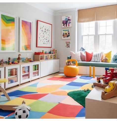 Montesorri Playroom Ideas, Playroom Ideas Small Space, Colourful Playroom, Small Kids Playrooms, Play Room Design, Small Playroom, Colorful Playroom, Baby Playroom, Living Room Playroom