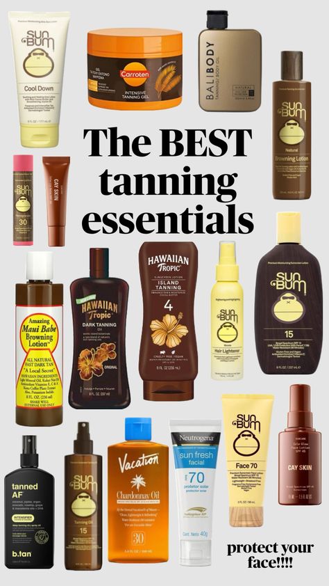 MUST HAVES for summer tanning<3 don’t forget to protect your face and use SPF so you don’t burn!!! #summer #tanning #essentials #wishlist #nature #vacation #beach #tan #sun #sunbum #aesthetic #preppy Tanning Schedule, Tanning Essentials, Summer Shopping List, Tanning Routine, Summer Hacks, Sunburn Relief, Summer Pins, How To Get Tan, Beach Tan