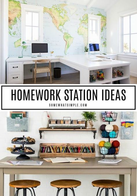 Set your kids up with some serious Back-to-School SUCCESS by making a special spot to study and complete their homework assignments! Here are 10 of our favorite homework station ideas you can create in your home! #homeworkstation #homework #homeoffice #kidsdesk Living Room Homework Station, Homework Board For Home, Homework Space Study Areas, Kids Desk Area In Playroom, Office Desks For Home Work Stations, Office Homework Room Study Areas, Learning Room At Home, Ikea Homeschool Room Desks, Home Office And School Room