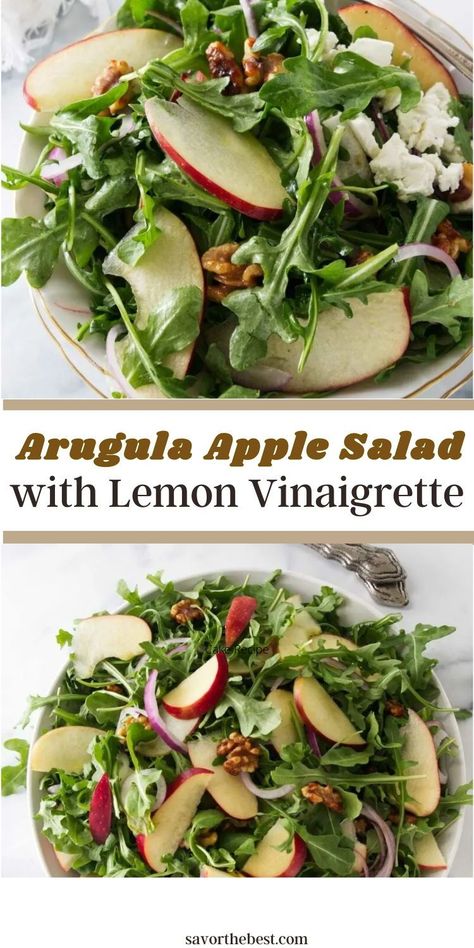 Our Arugula apple salad is a delicious mix of sweet apple, peppery arugula, fresh red onions and, candied walnuts or pecans. Topped with a sweet and tangy vinaigrette, this simple arugula salad is the perfect “anytime” salad recipe that is a breeze to pull together! Arugula Apple Salad, Creamy Lemon Vinaigrette, Simple Arugula Salad, Salad With Lemon Vinaigrette, Apple Walnut Salad, Arugula Recipes, Arugula Salad Recipes, Sweet Savory Recipes, Apple Salad Recipes