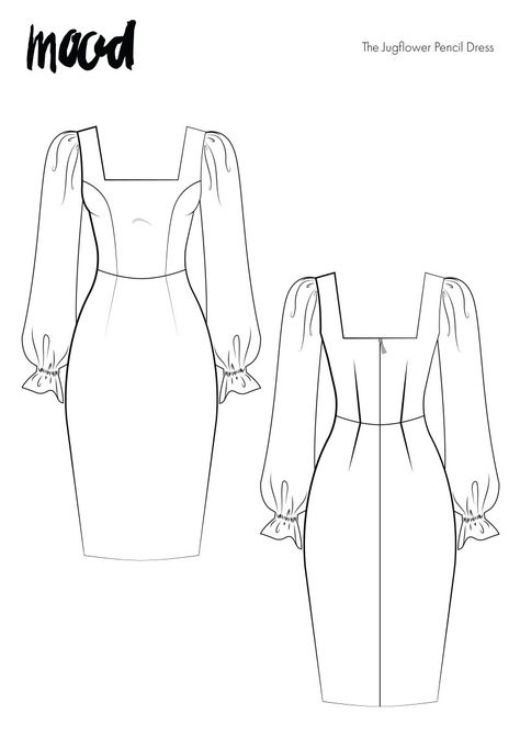 Sleek Silhouettes and Sheer Sleeves: The Jugflower Pencil Dress Free Sewing Pattern Pencil Dress Sewing Pattern, Mood Fabrics Dress, Mood Fabrics Free Pattern Dress, Party Dress Sewing Patterns, Free Sleeve Pattern, Free Pattern Dress, Pencil Dress Pattern, Sewing Patterns Dress, Pdf Dress Pattern