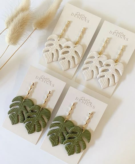 Plant Clay Earrings, Polymer Clay Nature, Leaf Clay Earrings, Polymer Clay Leaf, Diy Earrings Easy, Polymer Clay Flower Jewelry, Diy Earrings Polymer Clay, Diy Jewelry Display, Handmade Clay Jewelry