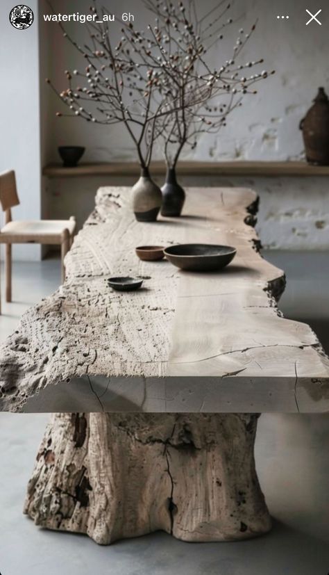 Raw Furniture Wood, Wooden Rustic Dining Table, Creative Dining Table Ideas, Wood Tables Rustic, Wabi Sabi Home Interior Design, Wabi Sabi Dining Table, Rustic Wooden Dining Table, Wabi Sabi Dining Room, Dining Table Inspiration