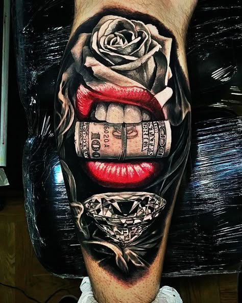 3D Diamond Tattoo Lips And Money Tattoo, Diamonds Tattoo Designs, 3d Diamond Tattoo, Money Tattoos Women, Diamond Hand Tattoo, Gangster Tattoos Designs For Men, Gangsta Tattoos Men Design, Gangster Tattoos For Women, Diamond Tattoo Men