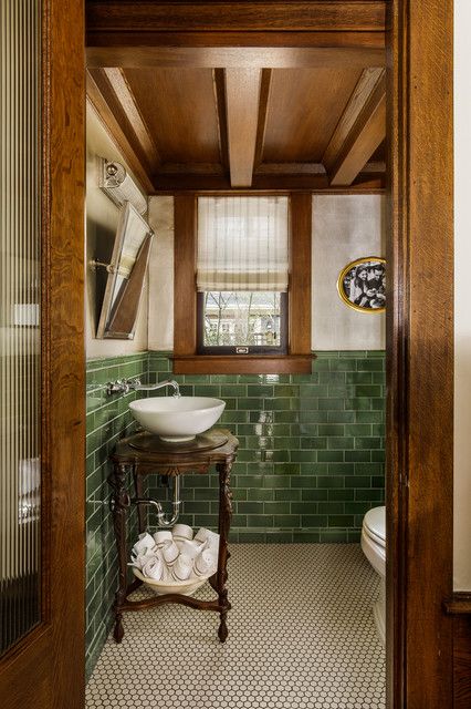 1910 Foursquare - Traditional - Powder Room - Portland - by Vicki Simon Interior Design | Houzz AU Unconventional Home Design, Historic Home Interiors Victorian, Vintage Look Floor Tile, Full Wall Bookshelf With Fireplace, Bombay Interior Design, Craftsman Style Screened In Porch, Old West Interior Design, Moody Bathroom Double Vanity, Country Club Interior Aesthetic