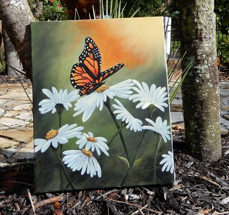 Put some sunshine in your home with this 16 X 20 painting.  White daisies and colorful butterfly on a sunny background. Butterfly On Flower Painting, Butterfly Painting Aesthetic, Monarch Butterfly Painting, Butterfly Painting On Canvas, Sunny Background, Daisy And Butterfly, Butterfly Oil Painting, Butterfly Acrylic Painting, Flower Painting On Canvas