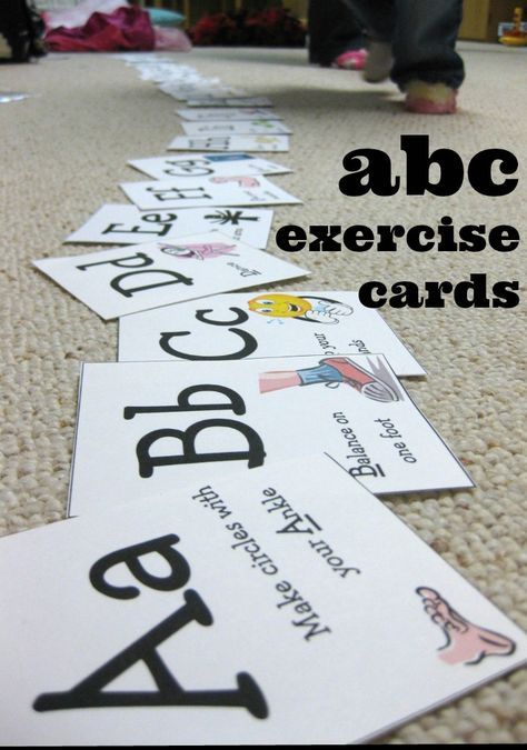 abc exercise cards | indoor alphabet fun for kids from teachmama.com #weteach Teaching Mama, Card Workout, Abc Activities, Learning Abc, Preschool Literacy, Movement Activities, Letter Activities, Music And Movement, Alphabet Preschool