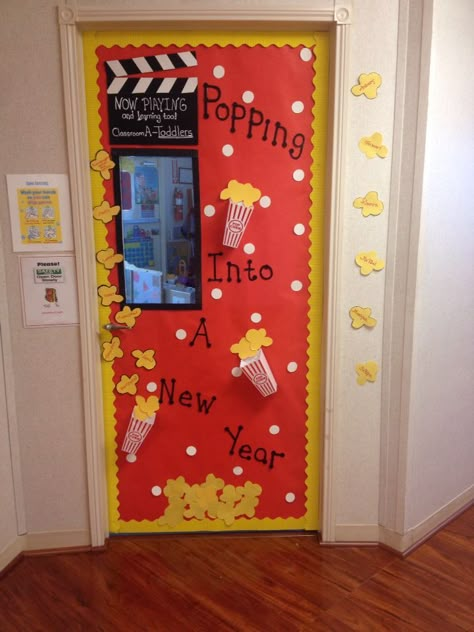 Popcorn classroom door January Year 2 Classroom Door Ideas, Holiday Door Decorations For Daycare, New Years Preschool Door Ideas, 2024 Classroom Door, Classroom Door Ideas For January, January Door Decorations Classroom New Years, New Year Door Decorations Classroom, January Door Ideas For Classroom, New Years Door Decorations Classroom