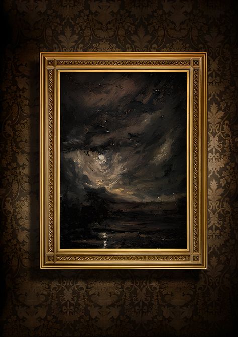 Cottagecore Landscape, Moody Dark Academia, Dark Painting, Night Sky Painting, Alpine Meadow, Vintage Moon, Dark Cottagecore, Sky Painting, Painting Vintage