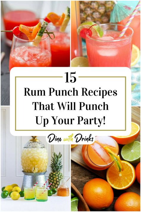 Collage of 4 rum punch recipes. Summer Rum Drinks, Rum Punch Drink, Tequila Punch, Party Punch Alcohol, Coconut Rum Punches, Bartender Recipes, Rum Drinks Recipes, Alcoholic Punch Recipes, Rum Punch Recipes