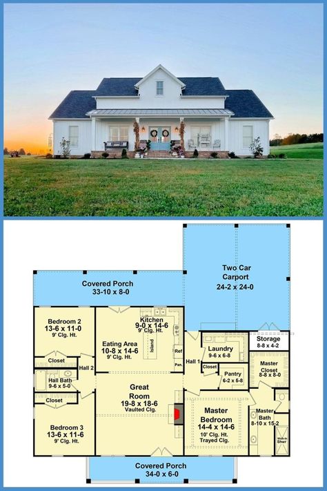 Carport Floor Plan, Farmhouse With Carport, Carport Floor, Carport Covers, Modern Farmhouse Living, Modern Farmhouse Plans, Bedroom House Plans, Rustic Living, Farmhouse Style House