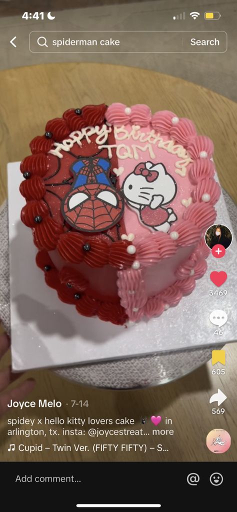 Hello Kitty Anniversary Cake, Spider Man And Hello Kitty Birthday Party, Birthday Cake Ideas Hello Kitty, Spider Man Heart Cake, Spider Man And Hello Kitty Birthday, Spiderman And Hello Kitty Birthday Party, Spider Man Hello Kitty Cake, Hello Kitty 14th Birthday Cake, Mini Spiderman Cake