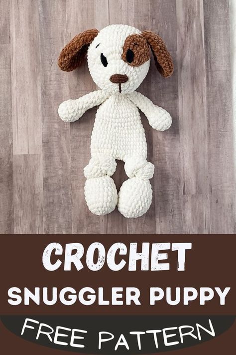 Combine love for crochet and cuddliness with this Puppy Snuggler pattern. This crohet creation is a half blanket and half-stuffed toy. It's irresistible with its eye patch and floppy ears, perfect for enchanting kids and adults alike! Made with Bernat blanket yarn, it is 16 inches tall and lightweight, and it's perfect for cuddles and snuggles. Plus, it's an easy crochet pattern that even beginners can complete with ease. Puppy Snuggler Crochet, Crochet Lovey Animals Free Patterns, Free Crochet Cuddler Pattern, Animal Snuggler Crochet Pattern, Beginner Crochet Stuffed Animals Free Patterns, Crochet Snuggle Animals, Amigurumi Snuggle Pattern, Crochet Floppy Animals, Puppy Snuggler Crochet Pattern